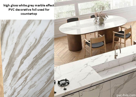 Hoogglans wit grijs marmereffect PVC decoratieve film voor aanrecht